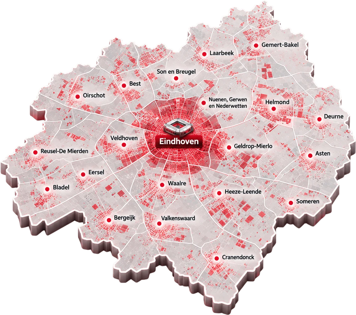 Kaart van de Brainport-regio met Eindhoven en het Philips Stadion in het midden